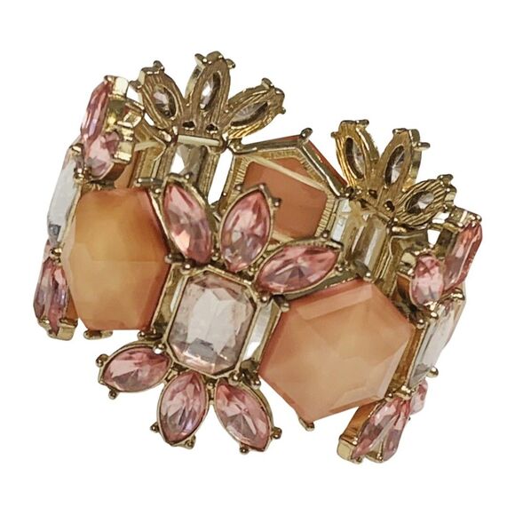 VTG Pink Rhinestone Flower Wide Bracelet 7" Silver Tone Cottagecore Trendy - Picture 1 of 10